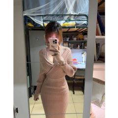 Pure desire style cross v-neck knitted dress for women's spring long-sleeved slim mid-length pink waist-pack hip skirt