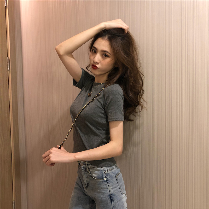 Real shot Korean new solid color versatile basic T-shirt slim short-sleeved hair-brushed bottoming shirt for women