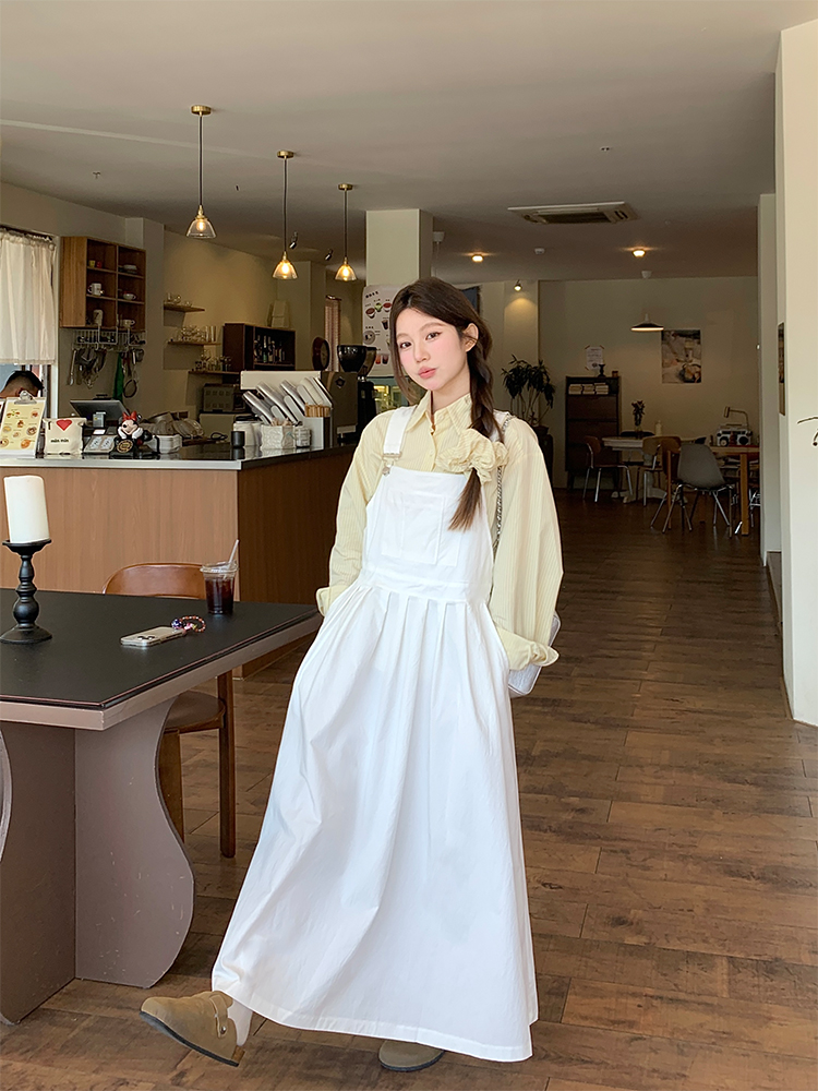 實拍 元氣少女韓chic簡約背帶大擺連衣裙+條紋襯衫送發圈