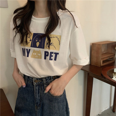 Korean foreign trade t-shirt for women in summer new loose cartoon letter printing BF style versatile short-sleeved white top