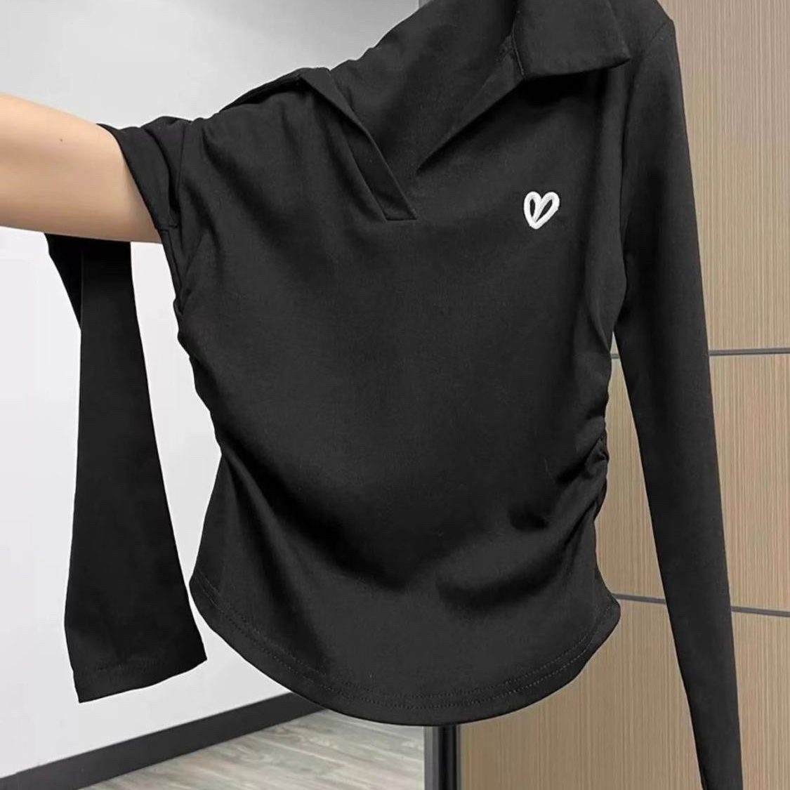 40 pure cotton pleated waist-hugging slim T-shirt for women early autumn polo collar long sleeve college style V-neck