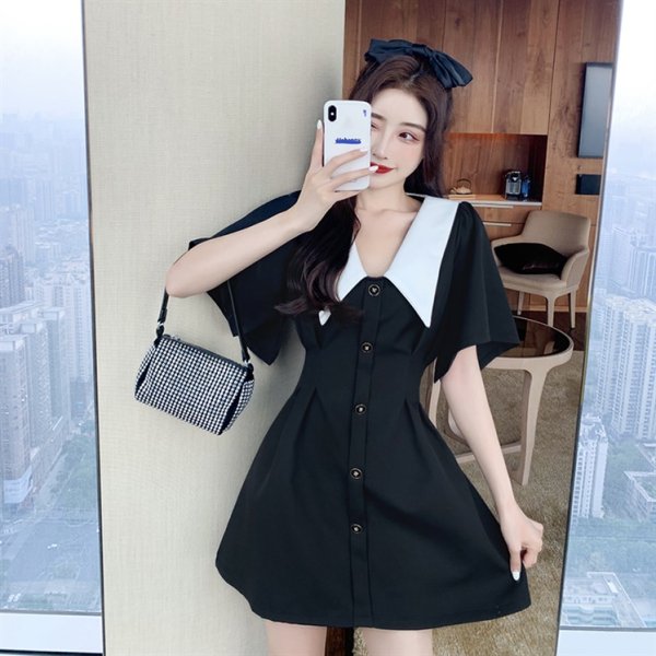 2025 summer new large-size doll collar black skirt with waist-hugging temperament short-sleeved dress M-4XL200 catties