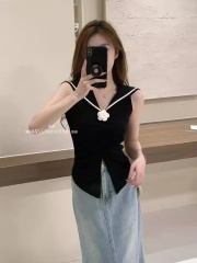 South Korea Dongdaemun 2025 summer new Korean style slim navy lapel handmade flower drawstring knitted vest