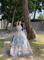 Real shot ~ Boho style retro suspender dress female sexy backless seaside vacation skirt