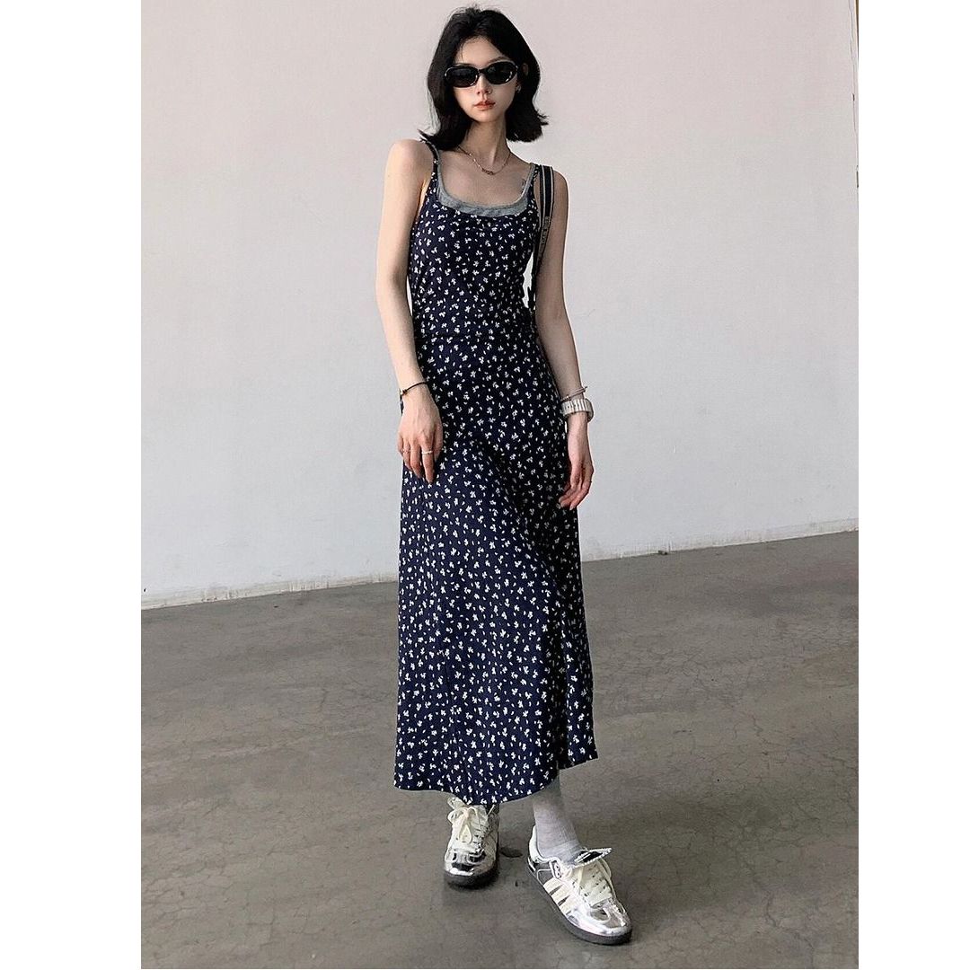Original French trendy floral fake two-piece suspender dress for women's summer mid-length design versatile long skirt