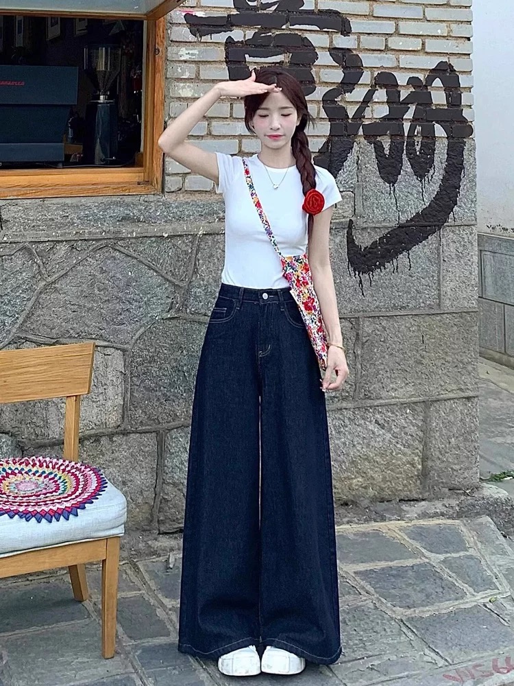 American retro high waist wide-leg dark blue jeans for women new straight loose casual simple draped floor pants