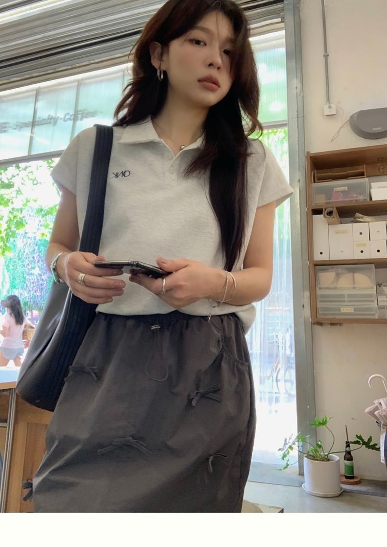 New style of tennis Korean women's front shoulder lapel short sleeve Korean thin polo collar letter embroidered knitted T-shirt top