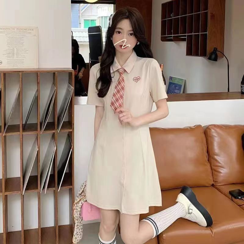 French temperament doll collar short-sleeved dress for women's summer clothes with niche design waist-hugging and slim college style long skirt