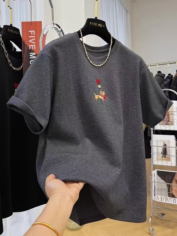 Extra large size 300 catties heavy industry cartoon embroidered round neck short-sleeved T-shirt for women's half-sleeved base shirt super beautiful top spring summer