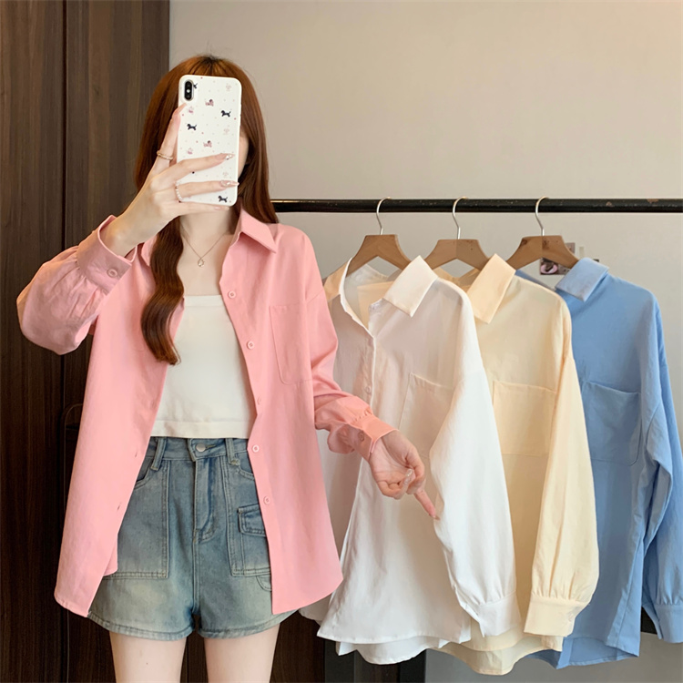 Large size women's long-sleeved shirt simple large pocket loose casual outdoor sun protection top