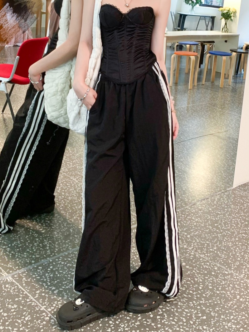 Real shot of side striped wide-leg pants for women, draped loose high-waist pants 2025 casual pants floor trousers