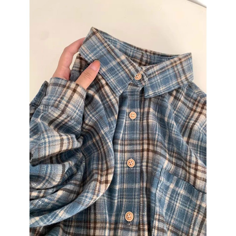 Yellow original fabric plaid long-sleeved shirt for women in spring and autumn large size loose and slim Harajuku style casual and versatile shirt