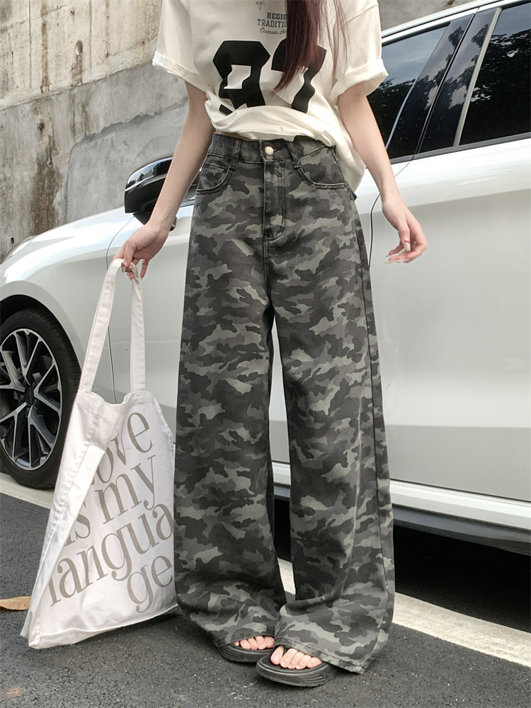 Real shot of American high street work clothes wide-leg camouflage jeans for women's retro high waist loose slim straight trousers