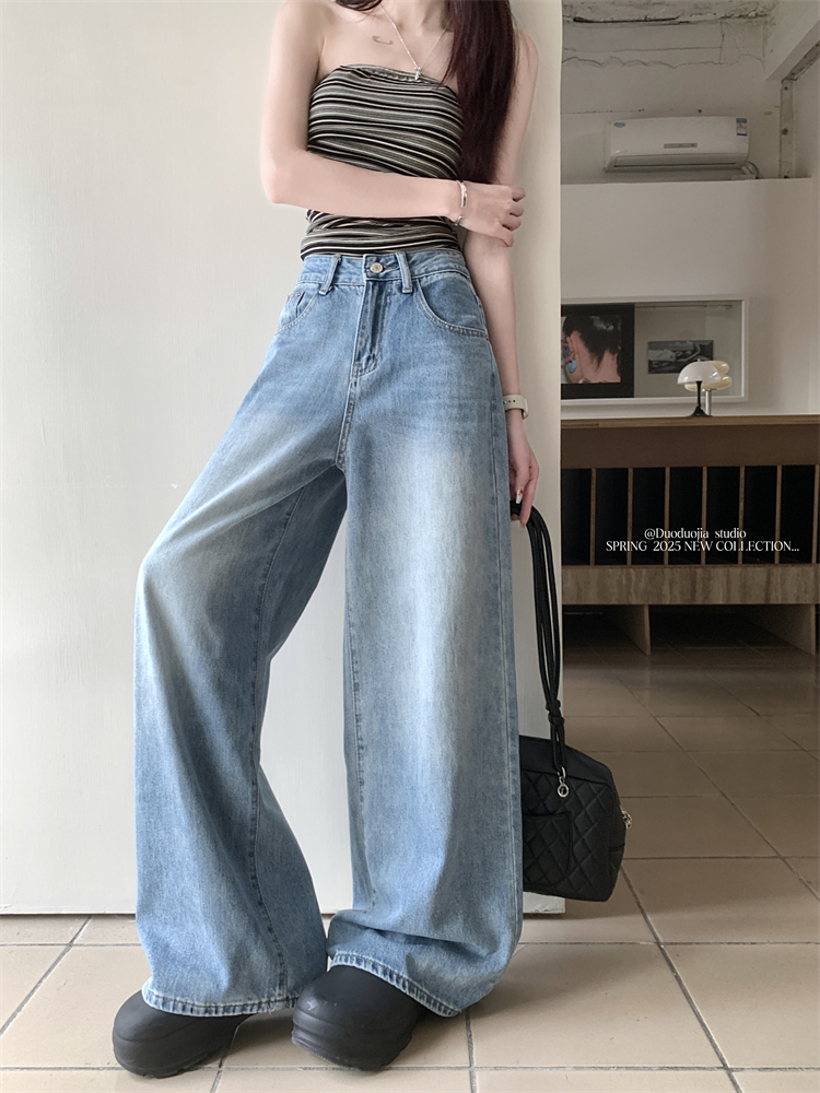 Real shot ~ American retro washing wide-leg jeans for women with high waist loose draping straight-leg floor trousers