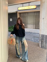 Real shot!  American ripped floor jeans for women loose design retro hot girl lazy straight pants trendy