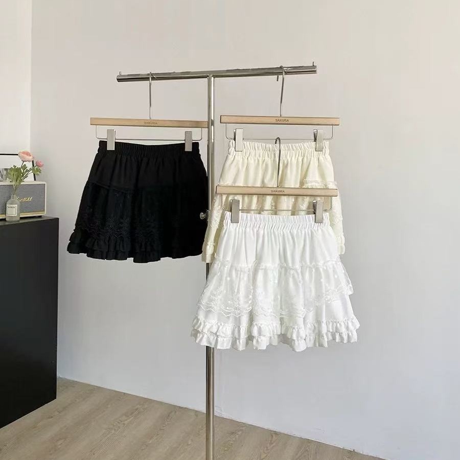 Original method ~ Ballet style black ears lace spliced ​​skirt for women sweet A-line pleated cake short skirt for women