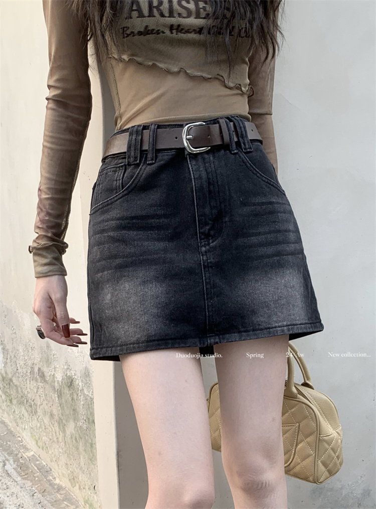 Real shot ~ American retro hot girl denim skirt women's high waist slim A-line hip-packing anti-exposure skirt
