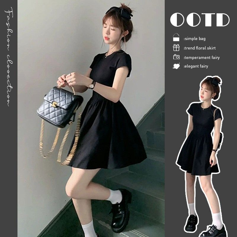 French retro Hepburn style waist-hugging slim black dress pure and slim temperament A-line short skirt for women in summer
