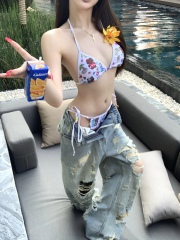 Real shot!  Hot trend front and rear ripped heavy industry straight jeans for women with old high waist wide-leg trousers