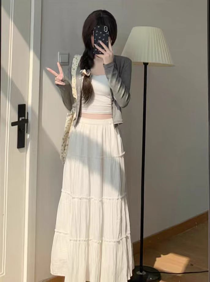 Large size white skirt for women with high waist summer mid-length A-line ballet style puffy cake skirt