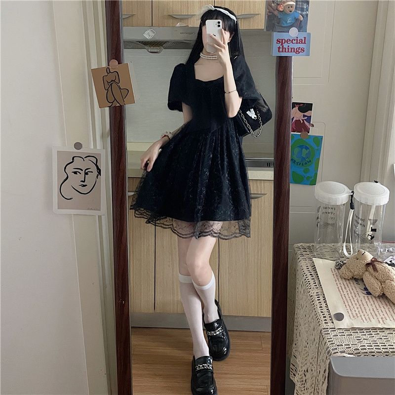 Summer 2025 new sweet French mesh yarn fitting waist slim bow square collar short sleeve dress for women