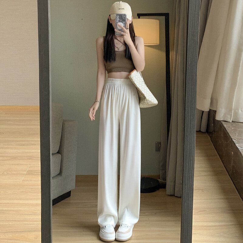 香檳色醋酸闊腿褲女夏季薄款高腰垂感寬鬆直筒柔光休閒冰絲褲子