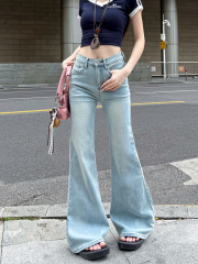 Real shot #loose straight micro-flare denim trousers for women's retro washing design wide-leg floor-sliding pants