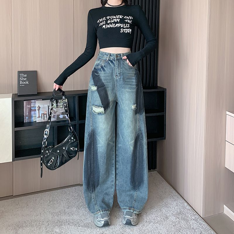 Real shot ~ American retro old graffiti ripped jeans for women, slim and drooping wide-leg jeans trendy