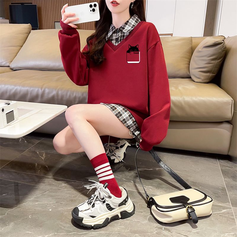 實拍 2025年新款後包領斜紋 上衣薄款POLO領衛衣女卡通長袖外套