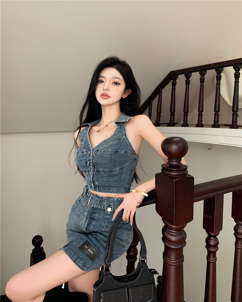 Real shot!  Hot girl high waist halter neck denim vest women summer hip skirt two-piece suit