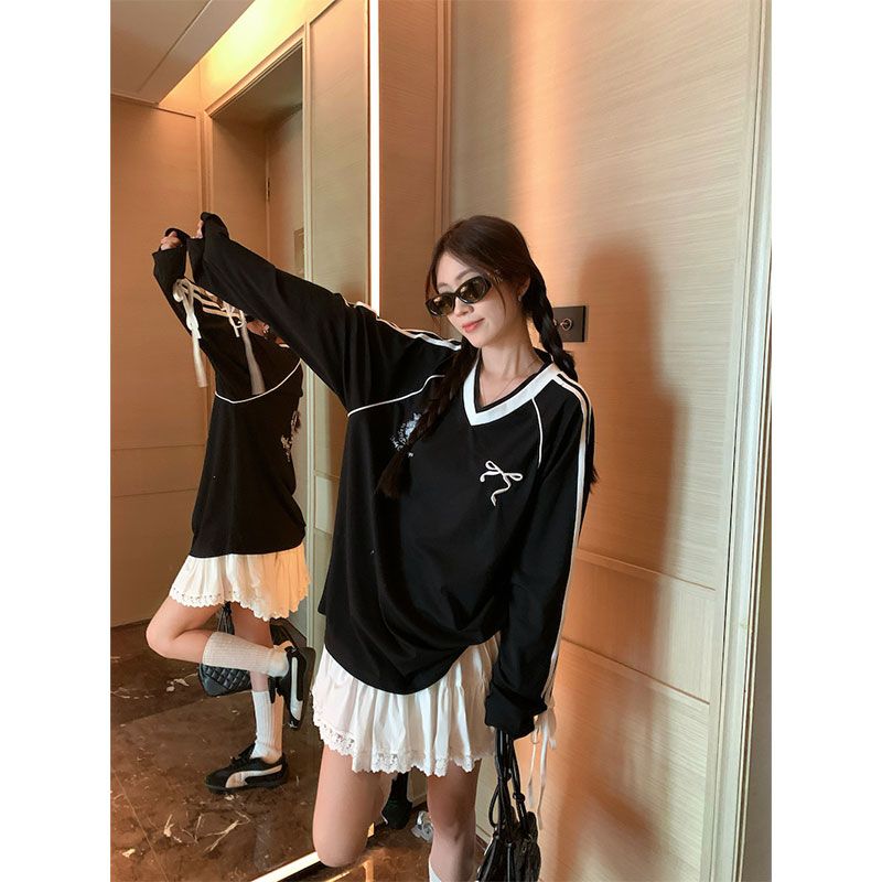 Original quality lazy loose embroidered bow V-neck long-sleeved T-shirt women's early autumn design top