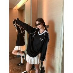 Original quality lazy loose embroidered bow V-neck long-sleeved T-shirt women's early autumn design top