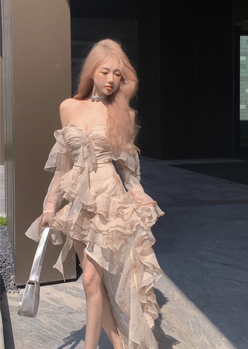Real shot of sexy pure smudged ruffle long sleeves off shoulders irregular front short back long dress for women