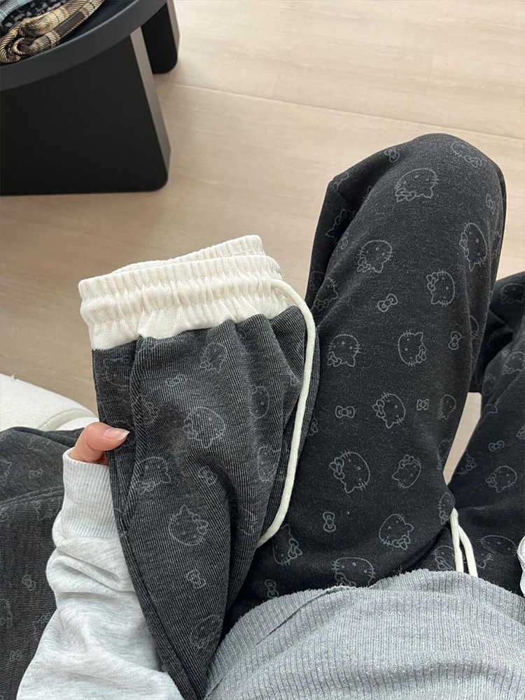Large size cute kitty cat print glutinous rice pants for women in spring and autumn straight loose lazy casual wide-leg sweatpants