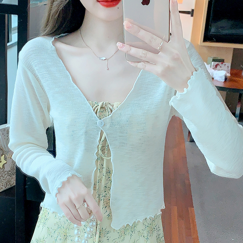 Shipped 2025 Spring and Summer New Lotus Leaf Collar Thin Knitted Long Sleeve Sunscreen Cardigan for Women