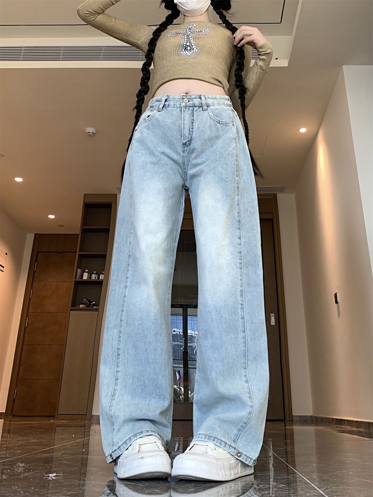 Real shot~ Women's jeans for autumn new design, loose and slimming, versatile straight trousers