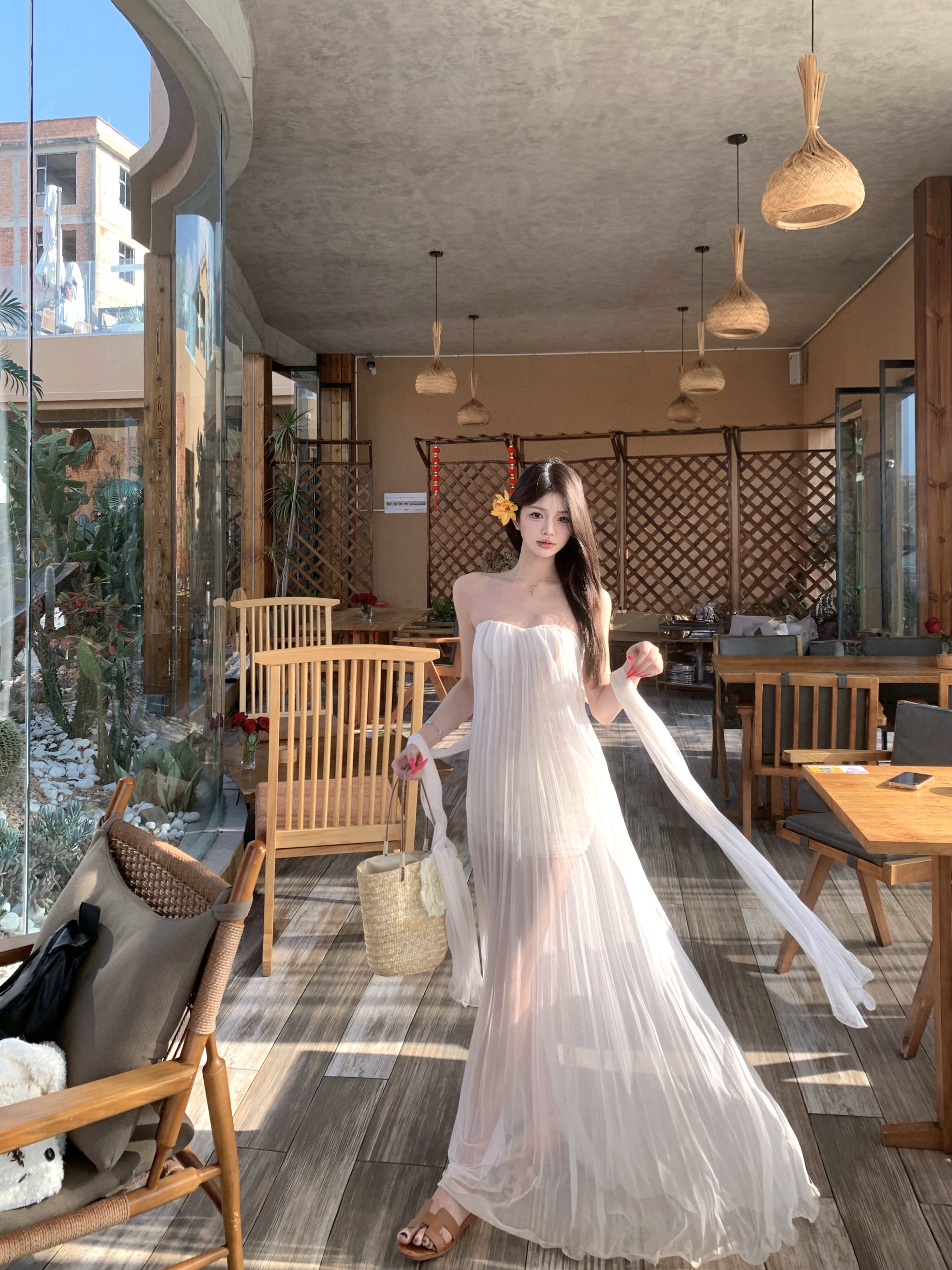 Real shot!  French dress for women with high-end strapless long skirt vacation style skirt fairy skirt