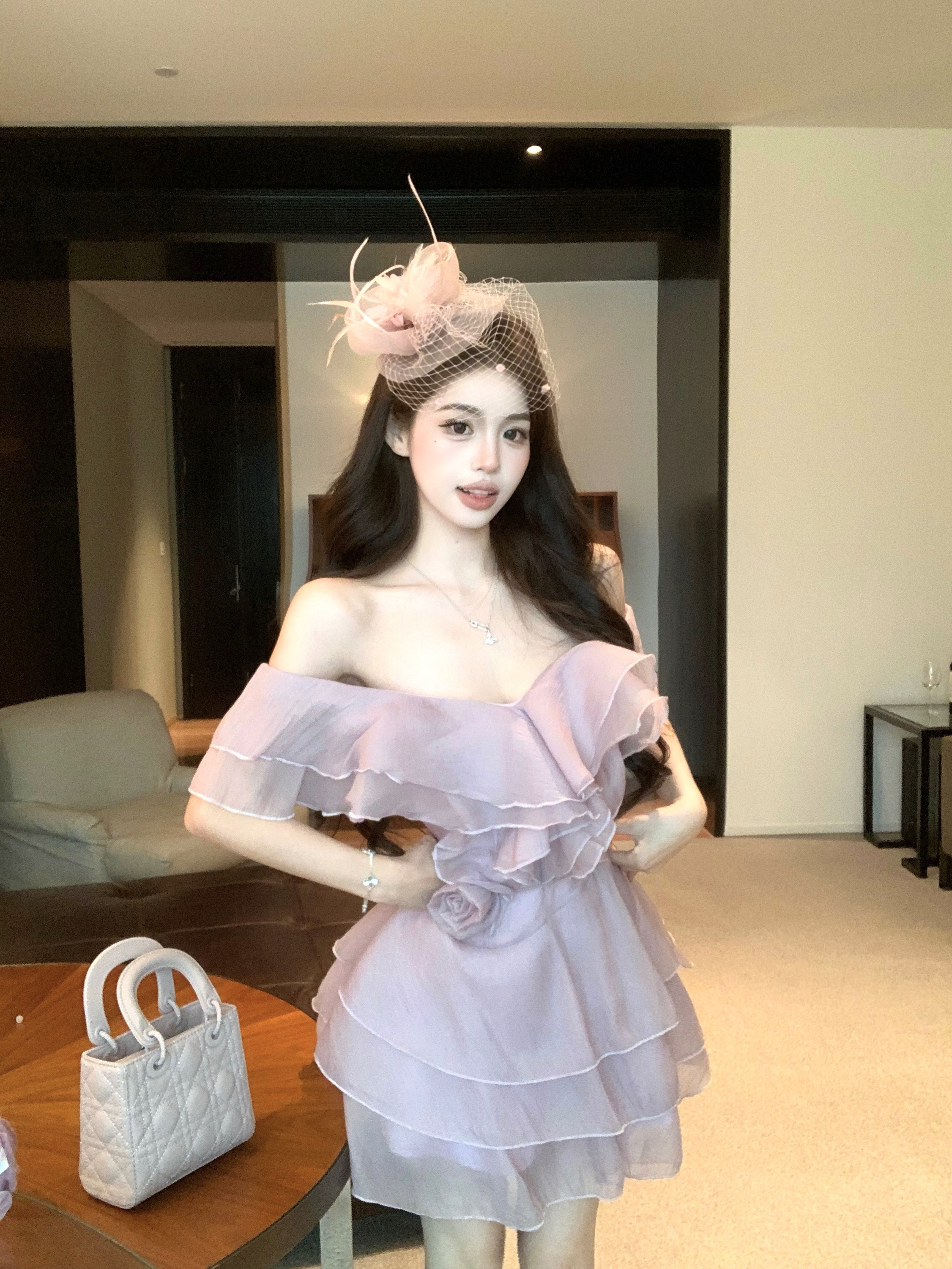 Real shot!  French dress for women 2025 spring and summer new one-shoulder a-line skirt pure waist skirt skirt skirt
