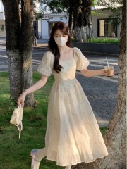 Real shot~ French square collar dress retro fairy style waist-hugging green tea skirt long skirt for women in summer