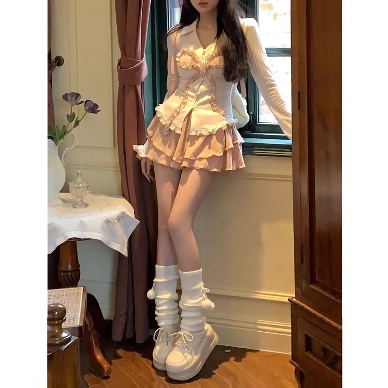 純欲風辣妹套裝女2025春季新款可愛甜美蕾絲蝴蝶結上衣高腰半身裙