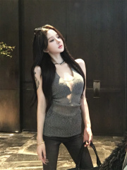 Real shot of summer Galaxy, bright flashing silk thread slightly transparent suspender V-neck waist-hugging strap top