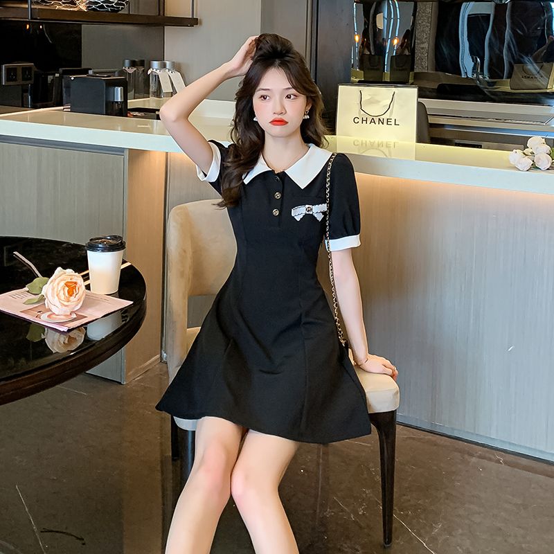College style sweet and fashionable polo neck short-sleeved dress summer new style for women with waist slim A-line black skirt