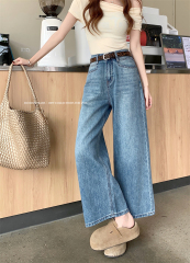 Real shot ~ American retro wide-leg jeans for women with high waist slimming straight and versatile nine-point pants