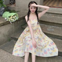 2025 summer new French high-end milk sweet skirt suspender floral dress niche design midi skirt women