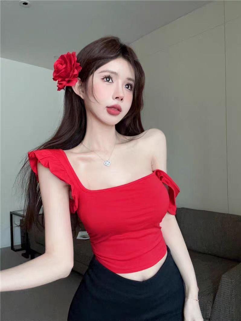 2025年紅色小飛袖修身顯瘦短款t恤女夏純欲性感辣妹內搭上衣