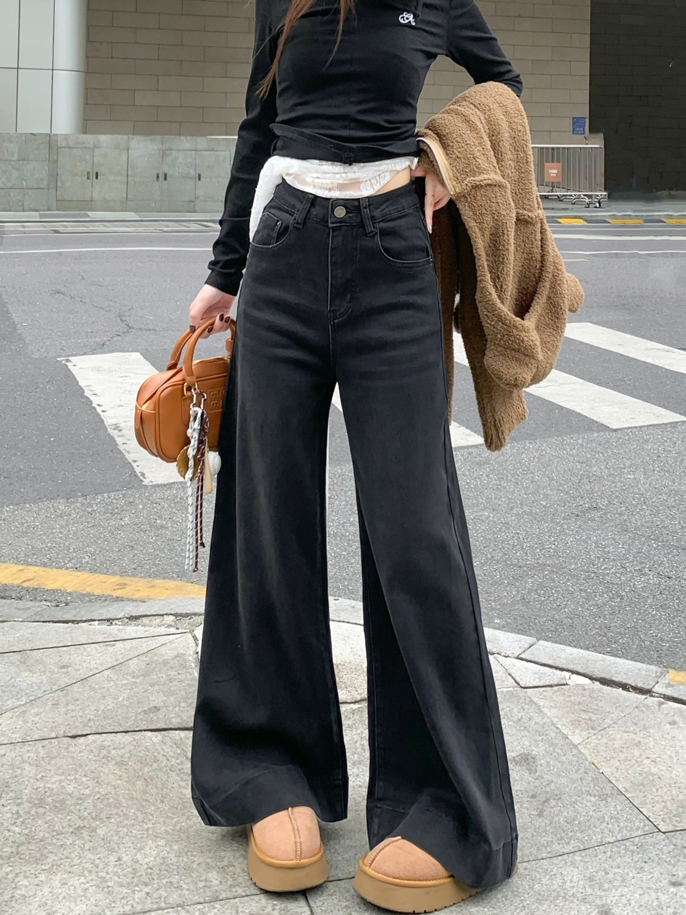 Real shot #New straight jeans for women with black floor design loose wide-leg pants