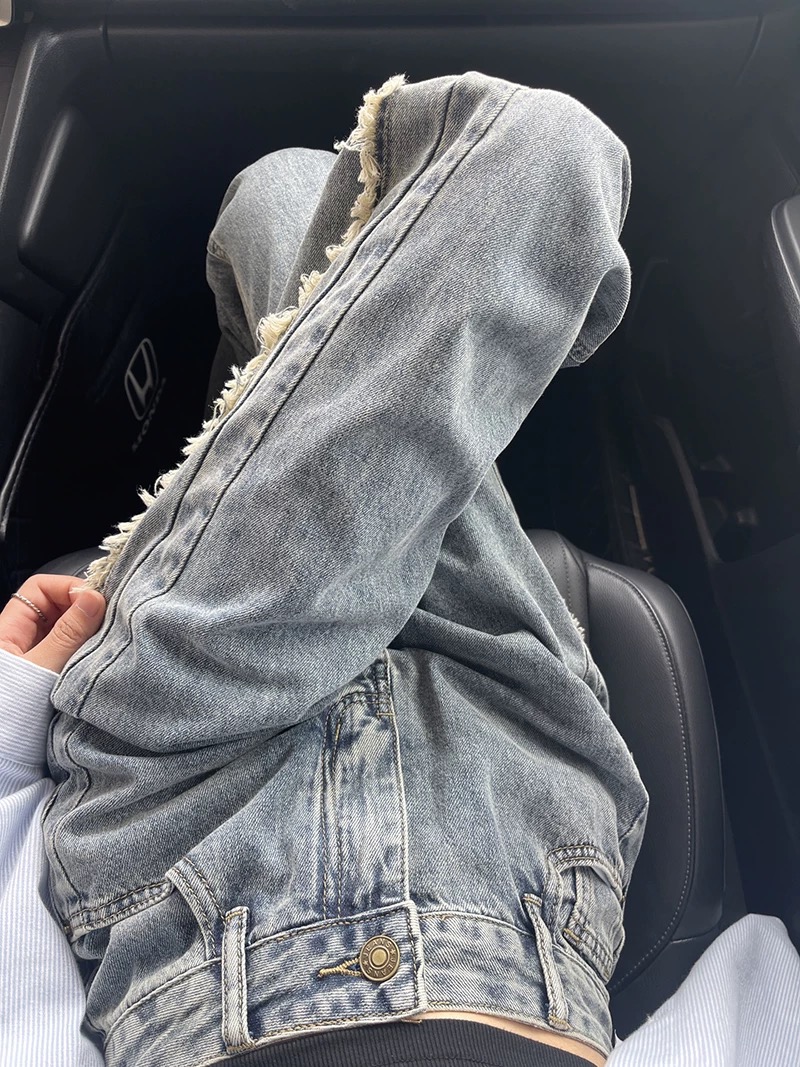 Retro blue crumb slit jeans for women in spring and autumn 2025 new small high waist wide-leg straight trousers