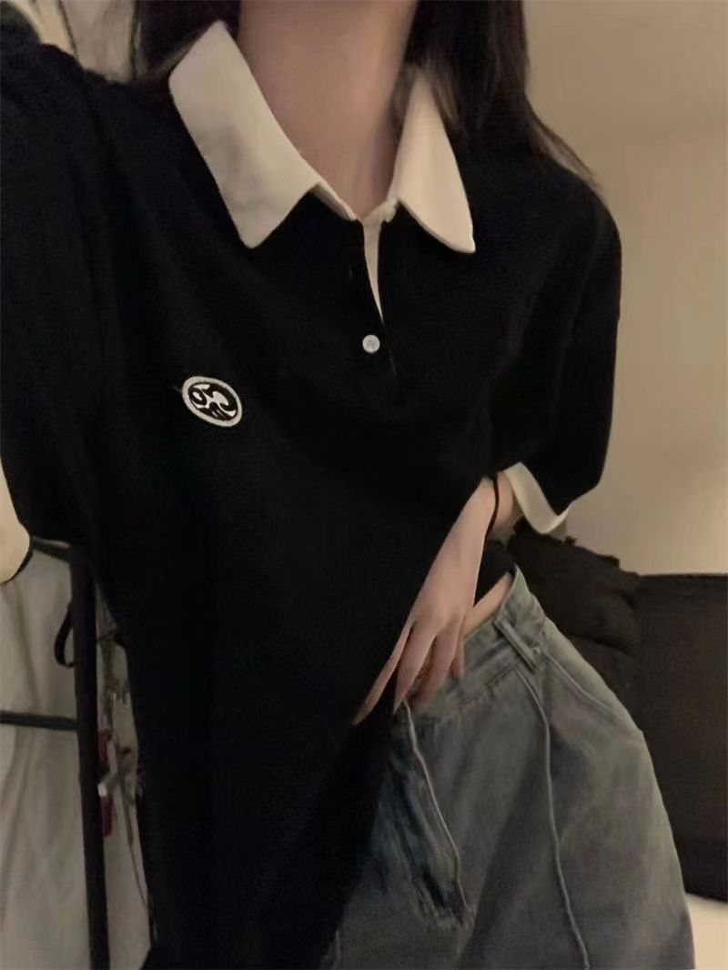 2025年新款後包領印花 黑白短袖t恤女夏polo領男女