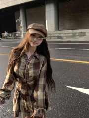 Real shot Korean style slim mid-length design waist-hugging shirt dress