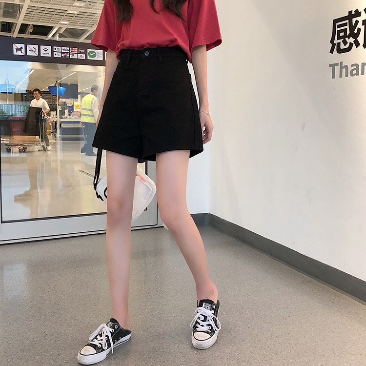 Real shot 2025 Korean classic style versatile black and white denim shorts wide-leg pants